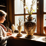 **Prompt:** A charming, cluttered antique shop scene. A person is examining a beautiful, ornate vase, sunlight streaming through the window highlighting its details. Focus on the **anchor bias** - the person is clearly overvaluing the vase based on its appearance. Loppis, flea market, vintage. Warm, nostalgic lighting.