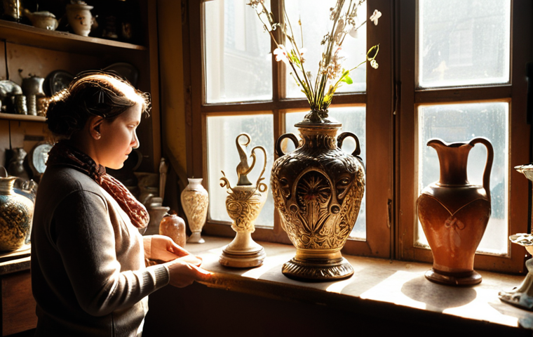 **Prompt:** A charming, cluttered antique shop scene. A person is examining a beautiful, ornate vase, sunlight streaming through the window highlighting its details. Focus on the **anchor bias** - the person is clearly overvaluing the vase based on its appearance. Loppis, flea market, vintage. Warm, nostalgic lighting.