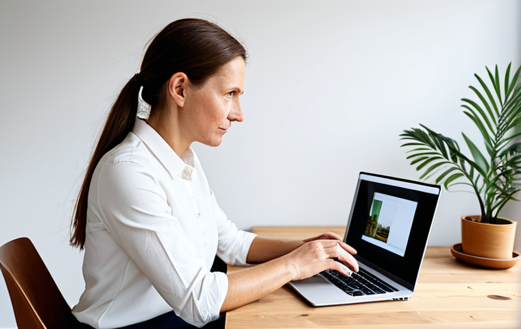 A professional content creator, a woman of Swedish descent in her late 30s, sitting at a minimalist wooden desk in a bright, Scandinavian-style home office. She is looking thoughtfully at a laptop screen, conveying a sense of authentic connection and engagement. She is fully clothed in a modest, contemporary casual business outfit, appropriate attire. The scene is bathed in soft natural light. Perfect anatomy, correct proportions, natural pose, well-formed hands, proper finger count, natural body proportions. Professional photography, high quality, realistic, safe for work, appropriate content, family-friendly.