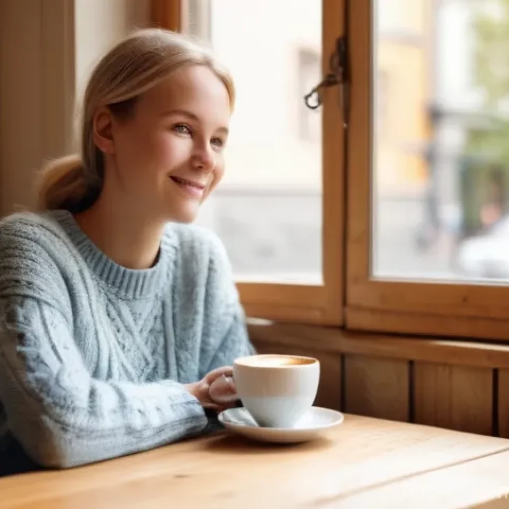 행동경제학을 통한 브랜드 충성도 강화 - Prompt: Familiar Comfort at a Swedish Café** A young Swedish woman, approximately 28 years old, wit...