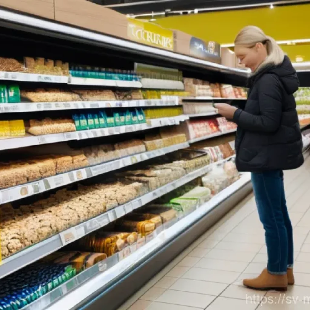 행동경제학과 브랜드 혁신의 연계 - **Prompt:** A dynamic scene inside a modern, well-lit Swedish grocery store aisle. A diverse group o...