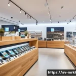 행동경제학적 접근법으로 브랜드 가치 제고 - A modern Swedish electronics store interior with sleek product displays emphasizing charm pricing, s...