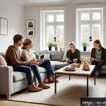 행동경제학의 문화적 차이와 마케팅 - A cozy Swedish family living room scene during winter, featuring a diverse group of adults and teena...
