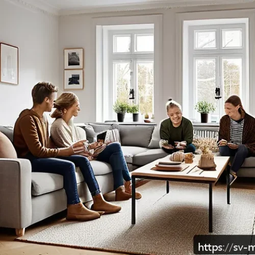 행동경제학의 문화적 차이와 마케팅 - A cozy Swedish family living room scene during winter, featuring a diverse group of adults and teena...