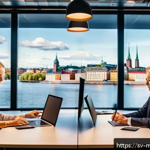 행동경제학을 활용한 광고 효과 측정 - A modern digital marketing office scene in Stockholm, Sweden, showing a diverse team of professional...