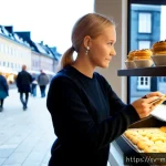 Home 23 행동경제학을 통한 고객 여정 분석 - Photorealistic modern Stockholm boutique café, a Swedish customer pauses at a pastry display while s...